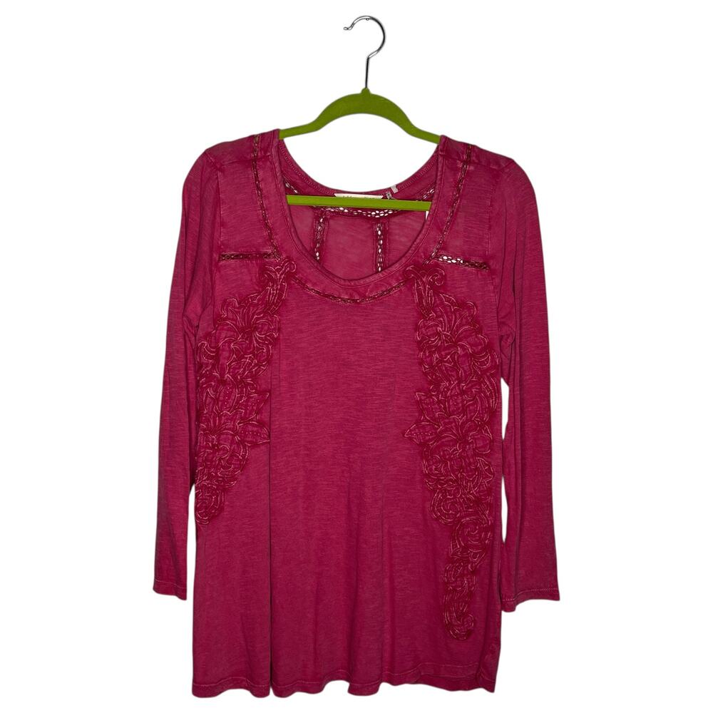 Soft Surroundings Top Womens M Pink Monterey Crochet Embroidered Long Sleeve